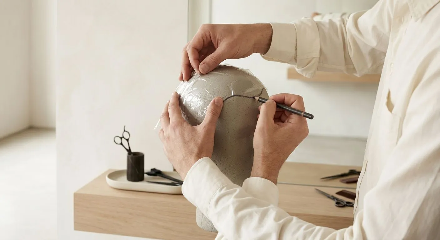 Mains d’un prothésiste traçant au crayon un contour sur un film transparent posé sur une tête en polystyrène