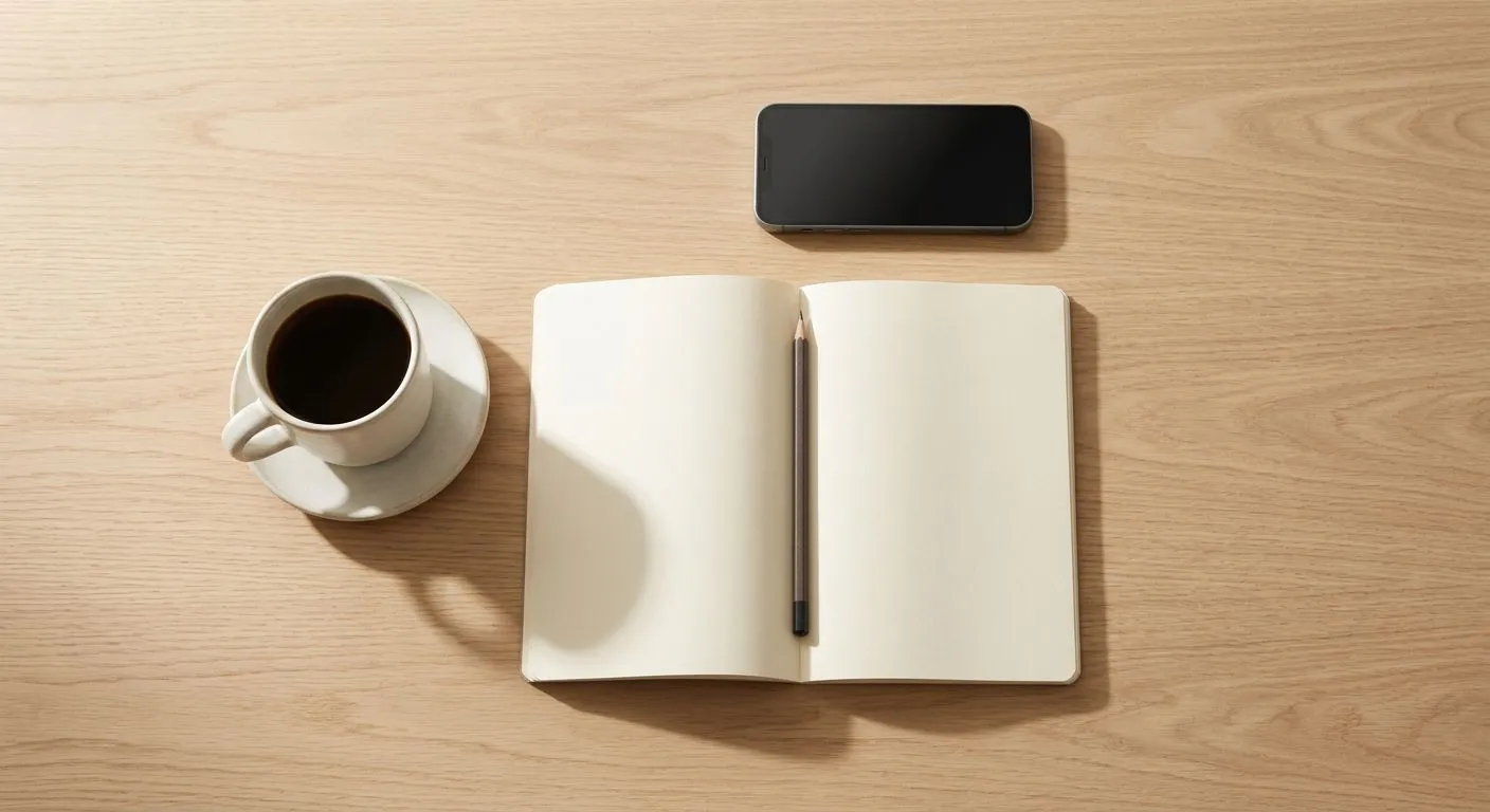 Carnet ouvert aux pages blanches, crayon, tasse de café et téléphone sur une table en bois