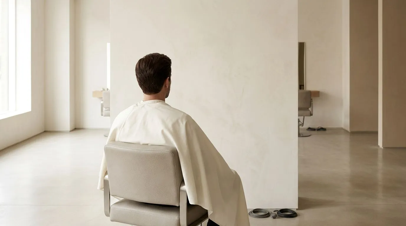 Homme de dos, cheveux courts et denses, assis dans un fauteuil de coupe avec une cape claire, dans un salon lumineux