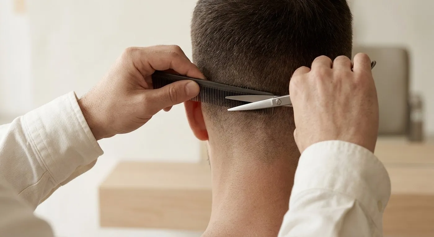 Mains d’un coiffeur égalisant aux ciseaux des cheveux courts sur une nuque dégradée