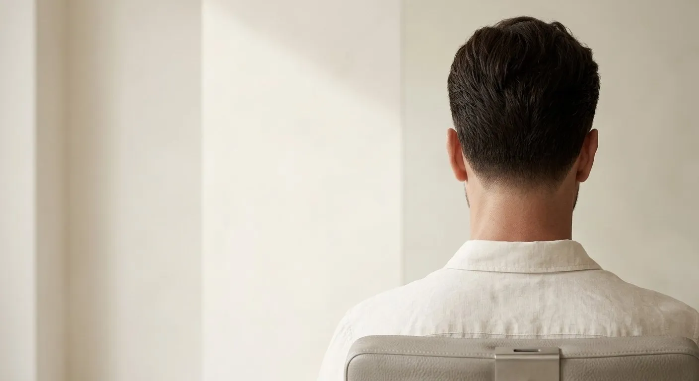 Nuque et arrière du crâne d’un homme aux cheveux courts et denses, dans la lumière d’une fenêtre de salon