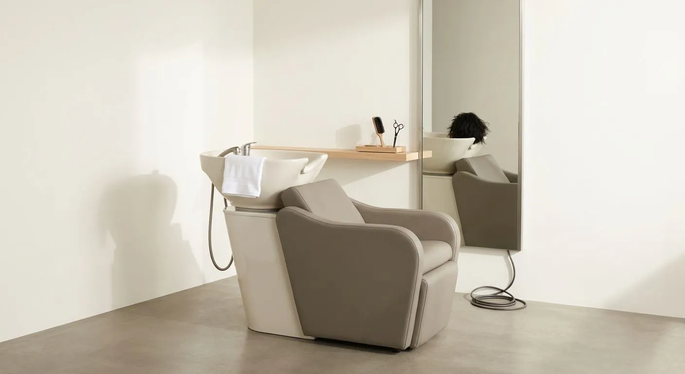 Bac à shampooing et fauteuil de lavage gris clair dans un salon vide aux murs ivoire