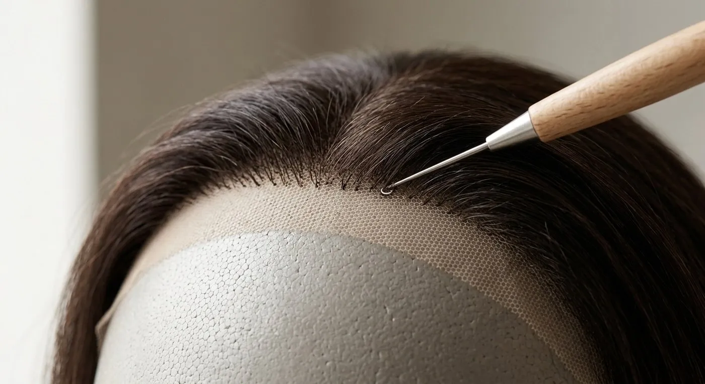 Gros plan sur la lisière d’un complément capillaire en tulle très fin, cheveux implantés un par un sur une tête de présentation