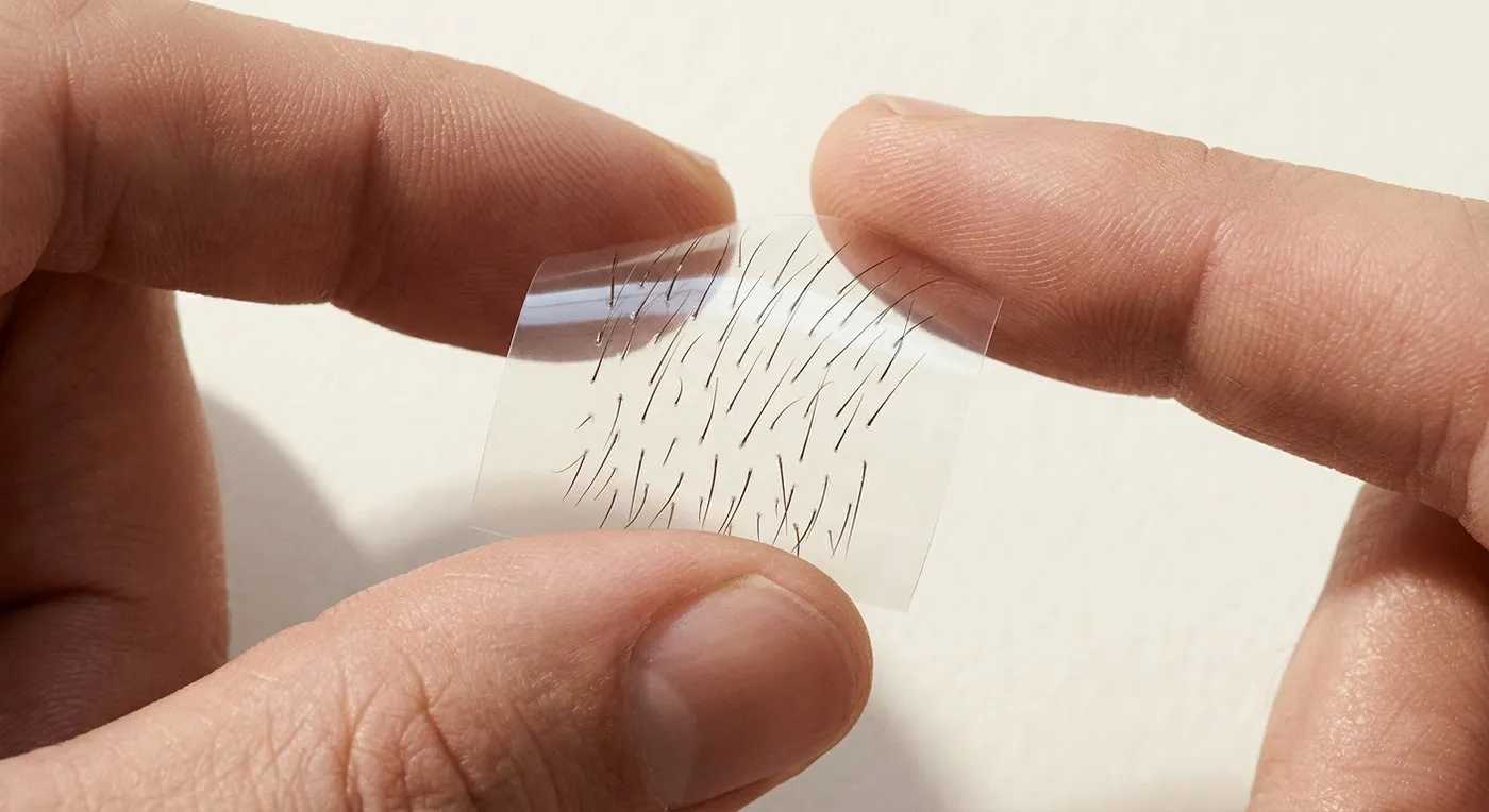 Film transparent très fin tenu entre deux doigts, des cheveux châtains implantés dedans