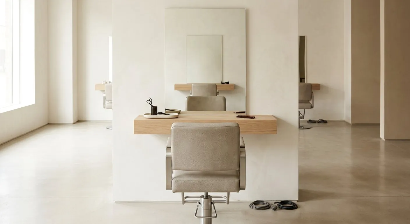 Salon de coiffure vide et lumineux le matin, un fauteuil gris clair devant un miroir et une tablette en bois