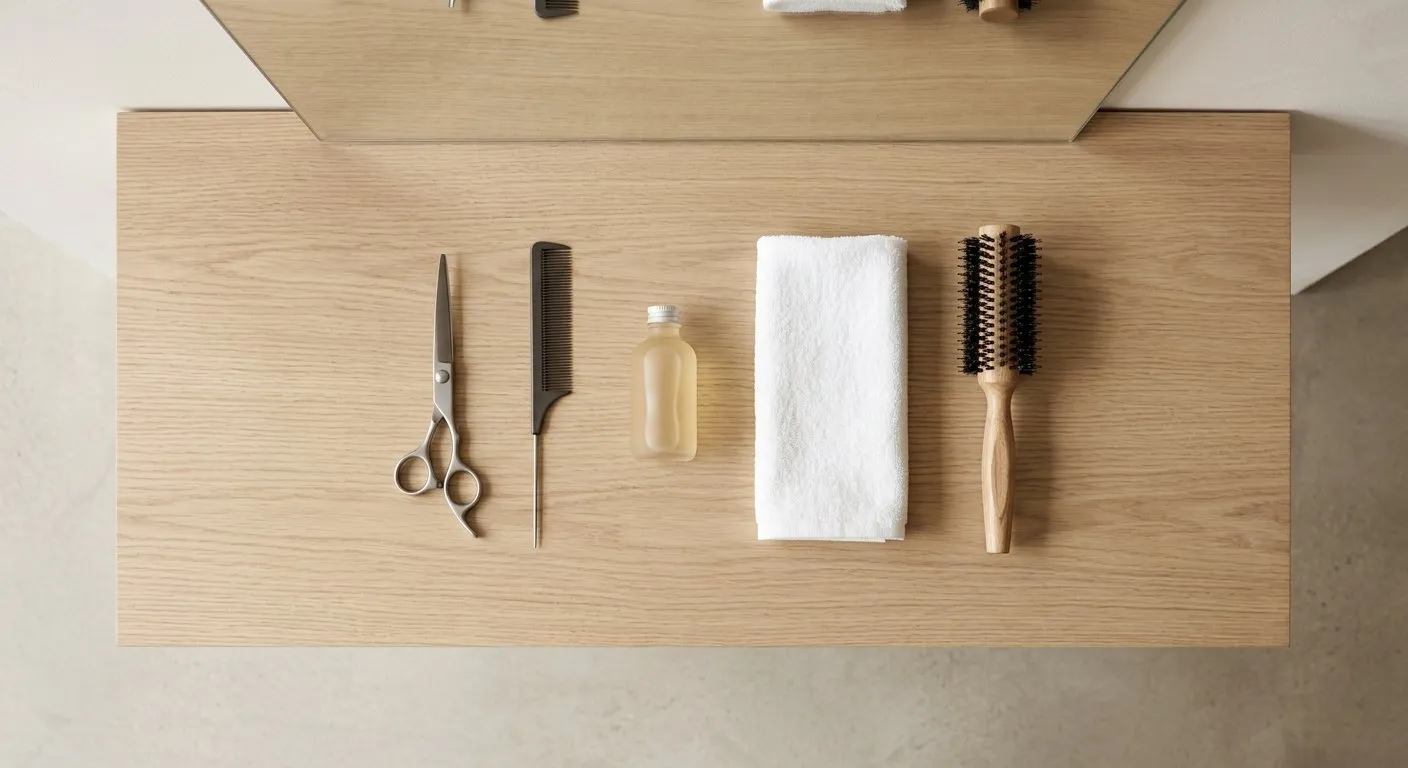 Ciseaux, peigne à queue, petit flacon, serviette et brosse ronde alignés sur un plan de travail en bois