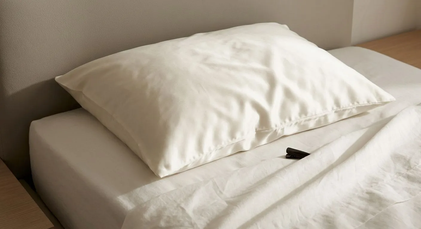 Oreiller à taie satinée ivoire sur un lit fait, dans la lumière du matin