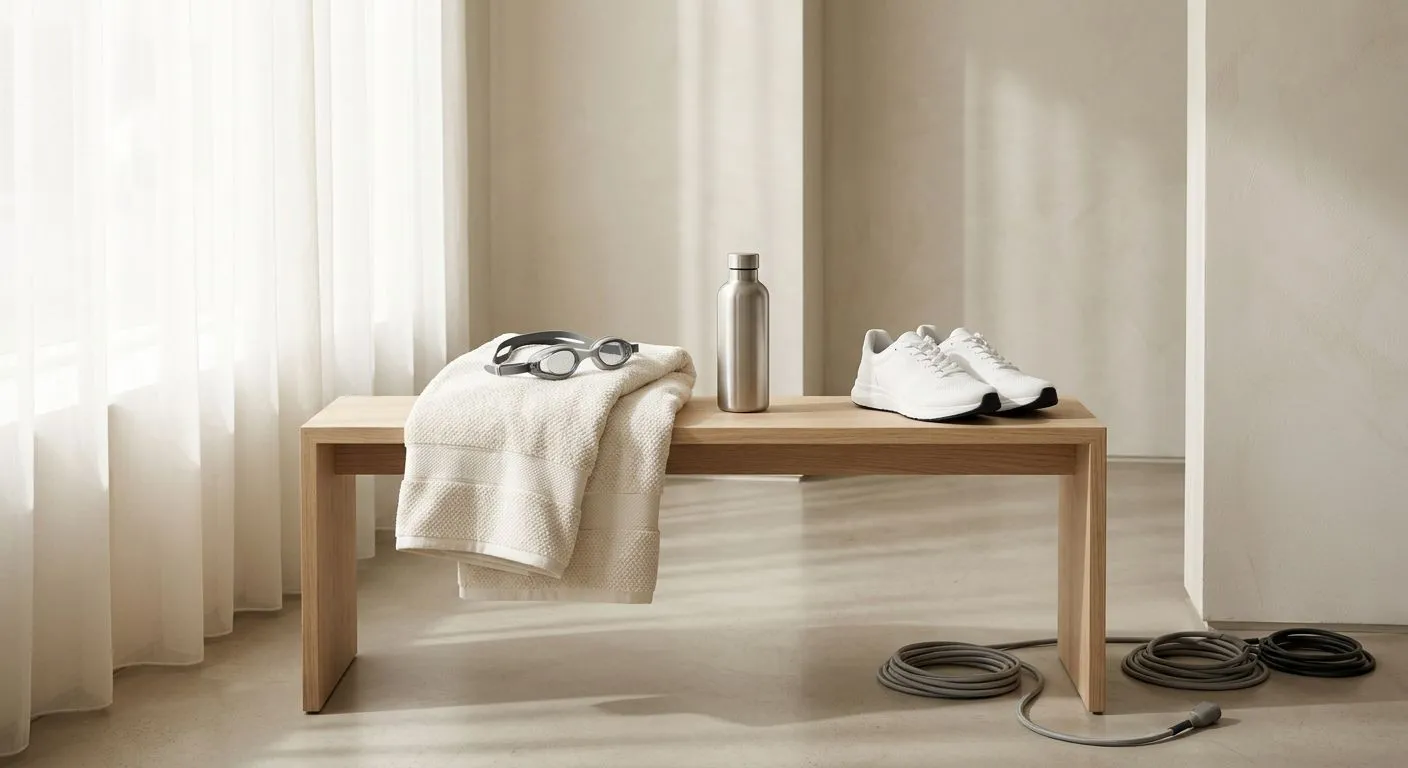 Serviette, lunettes de natation, gourde en acier et baskets blanches sur un banc en bois près d’une fenêtre