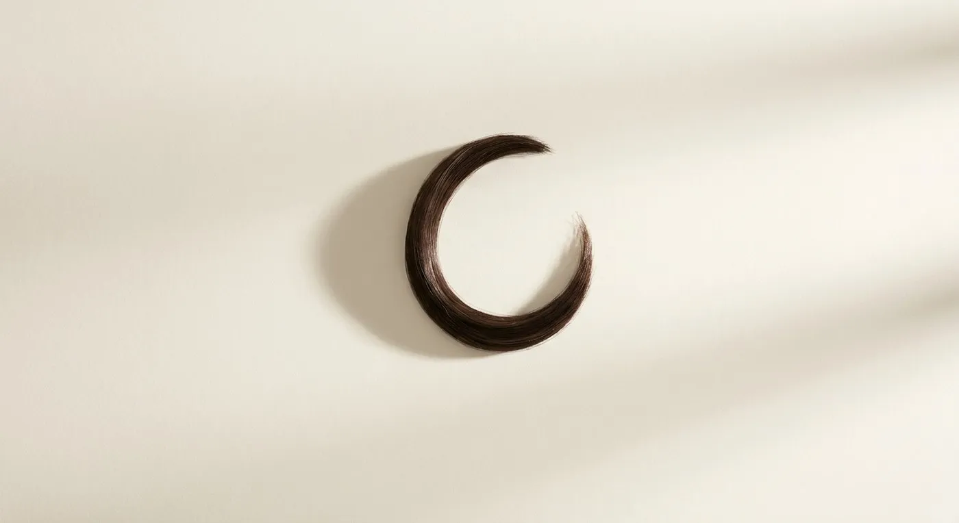 Mèche de cheveux châtain foncé posée en courbe sur une feuille de papier ivoire